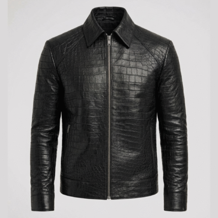 Men's Black Crocodile Embossed Leather Jacket - Slim Fit Zip-Up Bomber